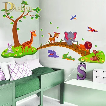 Karikatūra Dzīvnieku Džungļos Zilonis, Žirafe Putni Koku Sienas Uzlīmes Bērniem, Telpu Dekorēšana Vinila 3D Bērniem Sienas Uzlīmēm Bērnistabai Plakāts