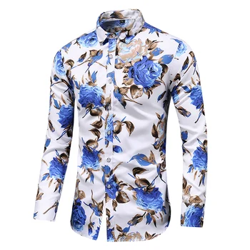 Karstā Pārdošanas 2019 Jaunu Modes Ziedu Iespiesti Vīriešu Krekls Gadījuma Plus Lieluma garām Piedurknēm Krekli Vīriešu Slim Fit Vīriešu Biroja Krekls M-7XL