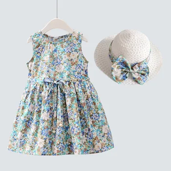 Karstā pārdošanas 2020 Bērniem, meitenēm, jaunas vasaras kleita bērnu modes ziedu drukāt kokvilnas kleita ar cepuri meitenēm 3-8 gadiem !