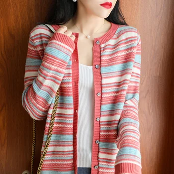 Karstā pārdošanas apaļu kakla sieviešu jaciņa zaudēt īsā svītraina adīta vilnas džemperis ērta mīksta jaka, Džemperis multicolor