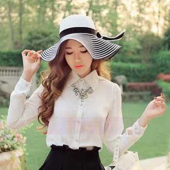 Karstā Pārdošanas Modes Hepburn Vēja Melna Balta Svītraina Bowknot Vasarā Saules Cepuri Skaistas Sievietes, Salmu Pludmales Cepure Lielu Brimmed Cepuri