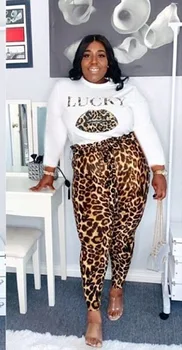 Karstā Pārdošanas Sievietes Leopards Drukāt Treniņtērpi Tērpiem 2020. Gada Rudenī Dāma O-veida kakla Pilnu Piedurknēm Tees Augsta Vidukļa Izdilis Bikses Divas Gabals Komplekti