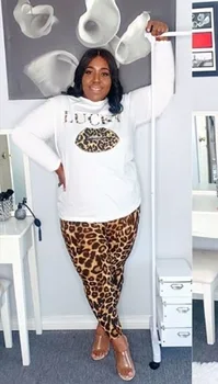 Karstā Pārdošanas Sievietes Leopards Drukāt Treniņtērpi Tērpiem 2020. Gada Rudenī Dāma O-veida kakla Pilnu Piedurknēm Tees Augsta Vidukļa Izdilis Bikses Divas Gabals Komplekti