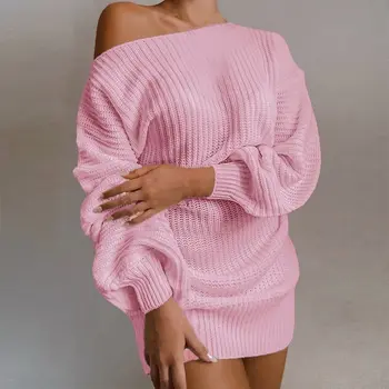 Karstākie Dāmas Gadījuma Off-plecu Laternu Piedurknēm Adīts Džemperis Kleita Rudens Pavasara Sexy Plānais Džemperis Kleitu Modes 2021