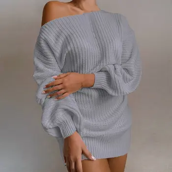 Karstākie Dāmas Gadījuma Off-plecu Laternu Piedurknēm Adīts Džemperis Kleita Rudens Pavasara Sexy Plānais Džemperis Kleitu Modes 2021
