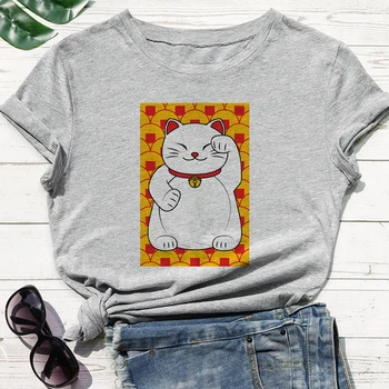 Kawaii Jauns Sieviešu T-krekls universāls JEEPING LAIMĪGS Vēstuli Druka T Kreklu Laimīgs Balts Kaķis kam Ir Liels Zelta Monētas Grafisko T Krekls
