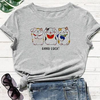 Kawaii Jauns Sieviešu T-krekls universāls JEEPING LAIMĪGS Vēstuli Druka T Kreklu Laimīgs Balts Kaķis kam Ir Liels Zelta Monētas Grafisko T Krekls
