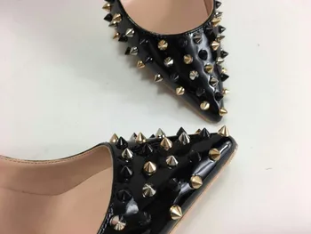 Keshangjia lakādas radzēm 12cm papēžiem modes dāmas sexy norādīja toe kniedes, kas papildināti ar augstu papēžiem kurpes melnas sieviešu sūkņi