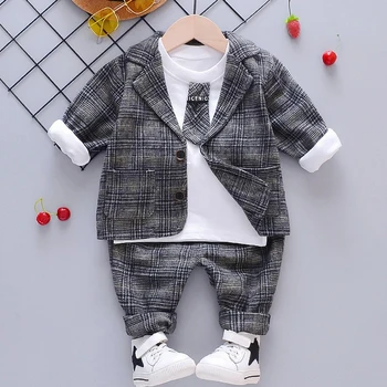 Kid Baby Boy Pleds Uzvalks Apģērbu Komplekti Modes 3PCS Toddler Meitenes Baby Uzvalks Zēniem Mētelis + T Krekls + Bikses 1 - 4 Y