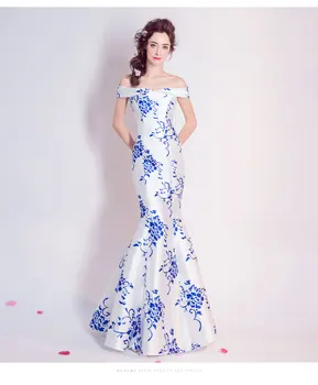 Klasisks Stils Zilā un baltā porcelāna vakara kleita vestido de festa 2019 izlaiduma balles kleitas laivu kakla formālās kleitas