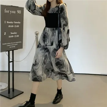 Kleita Sievietēm Vintage Raibs Elegants ar garām Piedurknēm O-veida kakla Maxi Kleitas korejiešu Stilā, Sieviešu Plus Izmērs 3XL Gadījuma-Line Kleitas