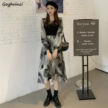 Kleita Sievietēm Vintage Raibs Elegants ar garām Piedurknēm O-veida kakla Maxi Kleitas korejiešu Stilā, Sieviešu Plus Izmērs 3XL Gadījuma-Line Kleitas