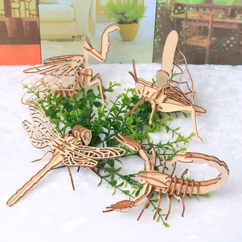 Koka 3D puzzle ēkas modeli, rotaļlietas, koksnes, kukaiņu un dzīvnieku cicadas humoru Mārīte scorpion sienāzis spāre tauriņš bišu 1gab.