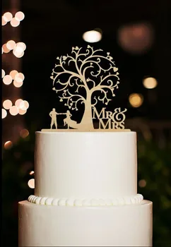 Koka kūka topper Līgava un Līgavainis Zem Koka Mr & Mrs Kāzu Dekorācijas, ar bezmaksas piegāde