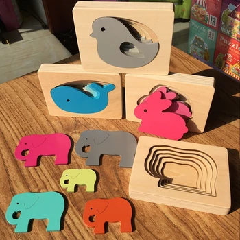 Koka rotaļlietas 3D Puzzle Karikatūra Dzīvnieku daudzslāņu puzzle Montessori bērnu agrīnās izglītības izziņas puzzle dzīvnieku noteikšana