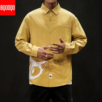 Kokvilnas Anime Drukāt Krekls Vīriešu Modes Streetwear Rudens Armijas Gadījuma Top Mens 5XL Dzeltens, Melns ar garām Piedurknēm korejiešu, Japāņu Krekli