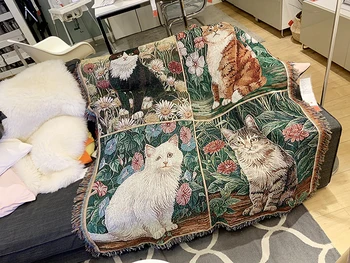 Kokvilnas Kaķis Segas Gobelēns Dīvāns Deorative Vāciņu, Dzīvnieku Paklāju, Guļamistaba, Dzīvojamā Istaba Auduma Cute Kaķi, Segas Adītas Amatniecības