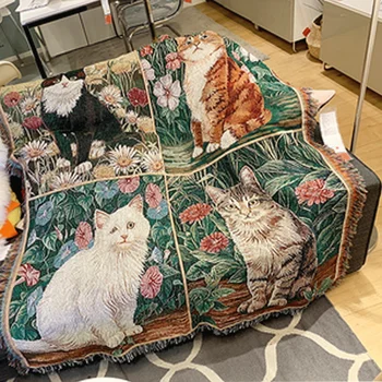 Kokvilnas Kaķis Segas Gobelēns Dīvāns Deorative Vāciņu, Dzīvnieku Paklāju, Guļamistaba, Dzīvojamā Istaba Auduma Cute Kaķi, Segas Adītas Amatniecības