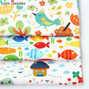 Kokvilnas sarža KRĀSU karikatūra oranžā, sarkanā, zilā gudrs meža zivis, pīles audumi DIY bērnu gultas kleita spilvenu handwork dekori