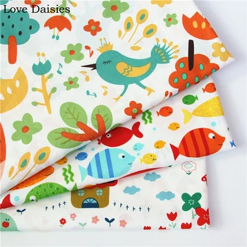 Kokvilnas sarža KRĀSU karikatūra oranžā, sarkanā, zilā gudrs meža zivis, pīles audumi DIY bērnu gultas kleita spilvenu handwork dekori