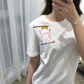 Kokvilnas Sieviešu Balto Izšuvumu Īsām Piedurknēm T Krekls Hamburger Kartupeļi Pica Modelis Karstā T-krekls