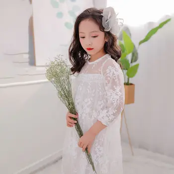 Korejas Mežģīnes, Balta Princešu Kleita Toddler Meitenes Trīs Ceturtdaļu Piedurknēm Bērnu Vasaras Modes Apģērbu Bērniem Skaistu Tērpu