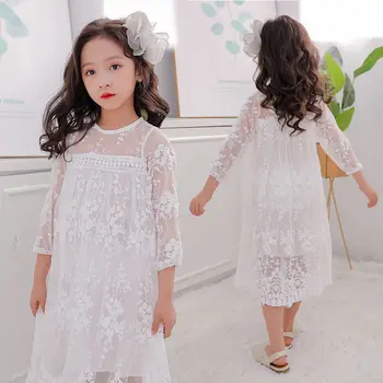 Korejas Mežģīnes, Balta Princešu Kleita Toddler Meitenes Trīs Ceturtdaļu Piedurknēm Bērnu Vasaras Modes Apģērbu Bērniem Skaistu Tērpu