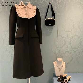 Korejas Modes Apģērbu 2020 Rudens Ziemas Elegants Kristāla Pogām, Garām Piedurknēm Melnā Vilnas Kleitas Sievietēm Midi Slim Kleita