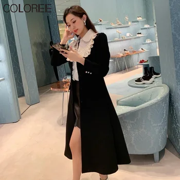 Korejas Modes Apģērbu 2020 Rudens Ziemas Elegants Kristāla Pogām, Garām Piedurknēm Melnā Vilnas Kleitas Sievietēm Midi Slim Kleita