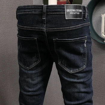Korejas Modes Stila Vīriešu Džinsi Melnā Zilā Elastīga, Pieguļoša Ripped Džinsi Vīriešu Džinsa Zīmuli Bikses Streetwear Vintage Dizainera Džinsi