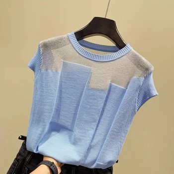Korejas raibs Ledus zīda trikotāžas džemperis sievietēm, o-veida kakla īsām piedurknēm džemperis modes plānie džemperi 2019. gada vasarā jaunas ielidošanas topi