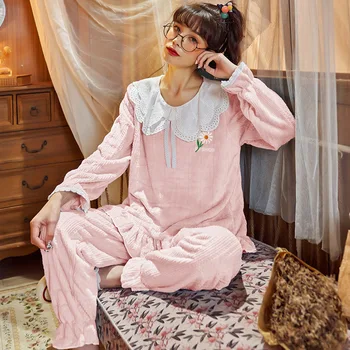 Korejas Salds Gudrs Apakšveļa Apakšveļa Kawaii Sieviešu Pidžamas Rudens Ziemas Mājas Drēbes Flaneļa Sleepwear Lounge Valkā Zilu, Rozā Jaunas