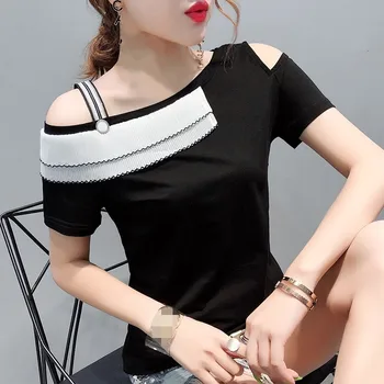 Korejas Sexy Slash Kaklu Raibs T 2019 Jaunas Sievietes Ar Īsām Piedurknēm Top Krekls Drēbes Streetwear Camiseta Mujer Black T96513