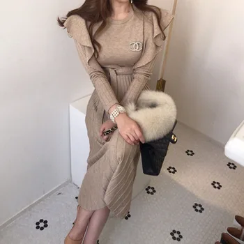 Korejas Trikotāžas Ruffles Siksnas Sievietes Gara Kleita Pilnu Piedurknēm O-veida kakla Kroku-line Kleitas, Vintage Elegantas Dāmas Vestidos 2020