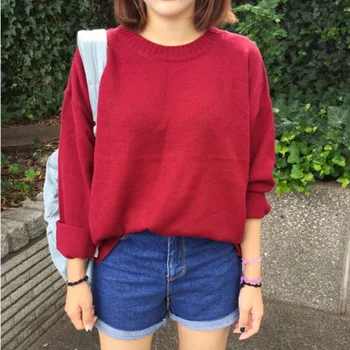 Korejas Ulzzang Vienkrāsainu Džemperi Sieviešu Rudens Ziemas Vintage O Kakla Kritums Plecu Vaļīgu Adījumu, Studentu Salds Brīvs Džemperis