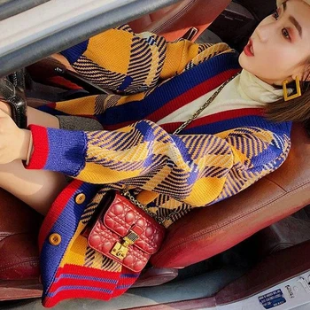 Korejas Vienu Krūtīm, Džemperis Vintage Pleds Hit Krāsu Raibs Džemperis Jaunu Koledžas Stila Sieviešu Jaciņa Ar V Veida Kakla Garām Piedurknēm