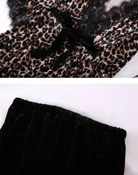 Korejas Zelta samta 3-gabals drēbes, Uzvalki, sieviešu Pidžamas Komplekti Sexy Mežģīņu Leopard Pidžamas Pijamas garām Piedurknēm Sievietēm sleepwear