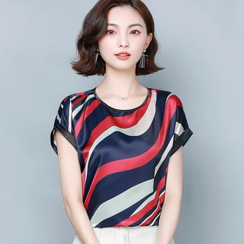 Korejas Zīda Sieviešu Blūzes, Topi Vasaras Sieviete Svītraina Blūze Top Plus Lieluma Sieviete, Satīns Print Krekli Blusas Mujer De Moda 