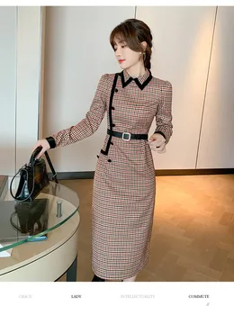 Korejas šiks kontrasta krāsu plāksteris houndstooth izšūta kleita augsts viduklis, gūžas sadalīt dizains slim ilgi ropa jaunas