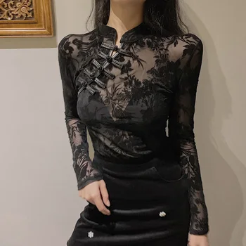 Korejiešu Jaunā Stila Elegants Vintage Viedokļa Mežģīņu Blūze Slim Fit Cheongsam Izšūti Modes 2020