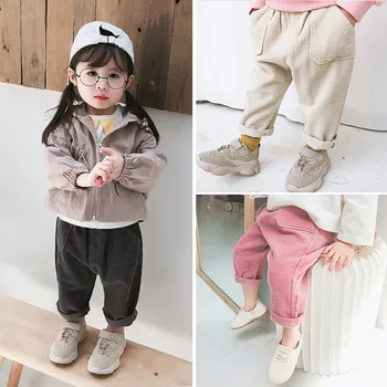 Korejiešu stilā, baby meiteņu kokvilnas velveta vaļīgas bikses zīdaiņiem un bērniem vienkrāsainu modes gadījuma bikses bērnu Rudens apģērbu
