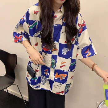 Korejiešu Stilā, Vasaras Sieviešu Blūze Jaciņa Pogu Up Krekls sievietēm ar Īsām Piedurknēm Ulzzang Harajuku Streetwear Drēbes