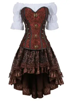 Korsete, svārki 3 gabals ādas kleita bustiers korsešu steampunk pirātu apakšveļa corsetto nelegālo burleska plus lieluma melna brūna