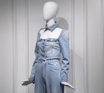 Kpop korejas Slavenība modes Gaiši zils slim dobi īsu džinsa jaka, mētelis+ modes zaudēt Taisni džinsi sievietēm Divu gabals, kas