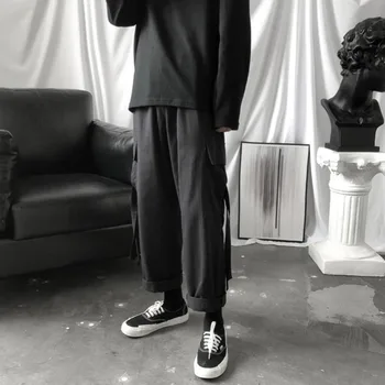 Kravas Bikses Vīriešu Streetwear Hip Hop Bikses Vaļīgas Korejiešu Stilā, Potītes Garuma Bikses (Dungriņi) Elastīgs Viduklis Melna Pelēka Techwear