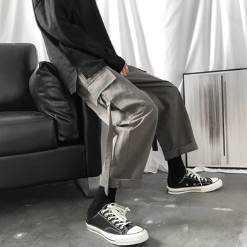 Kravas Bikses Vīriešu Streetwear Hip Hop Bikses Vaļīgas Korejiešu Stilā, Potītes Garuma Bikses (Dungriņi) Elastīgs Viduklis Melna Pelēka Techwear