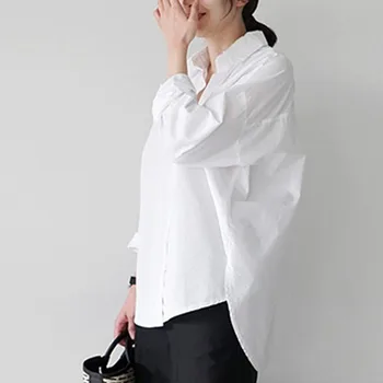 Krekli sievietēm 2019 Poga, Cietā Kārta-Apkakle dāmas sieviešu topi ar garām piedurknēm krekli baltā korejas modes apģērbu blusas 0472