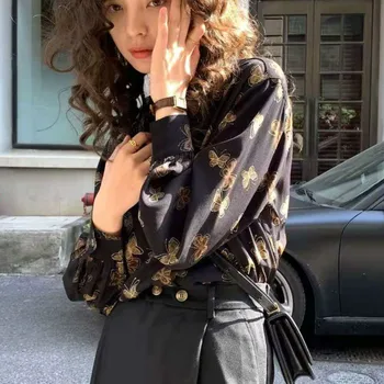 Krekli Sievietēm Zaudēt Drukāt garām Piedurknēm Vintage Radošumu Tautas korejiešu Stilā, Streetwear Stilīgs, Elegants Feminino Blūzes Visu maču
