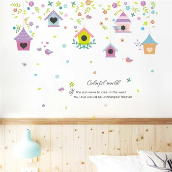 Krāsains putni filiāle birdcage sienas uzlīmes, guļamistaba bērnistaba mājas dekoru piederumi karikatūra sienas uzlīmes pvc sienas māksla