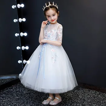 Krāšņs Balto Meiteņu Sniegumu Šovs Uzņēmējas Kleitu Bērni Puse Piedurknēm Izšuvumi Dzimšanas Dienas Vakara Puse Ziedi Princese Kleita